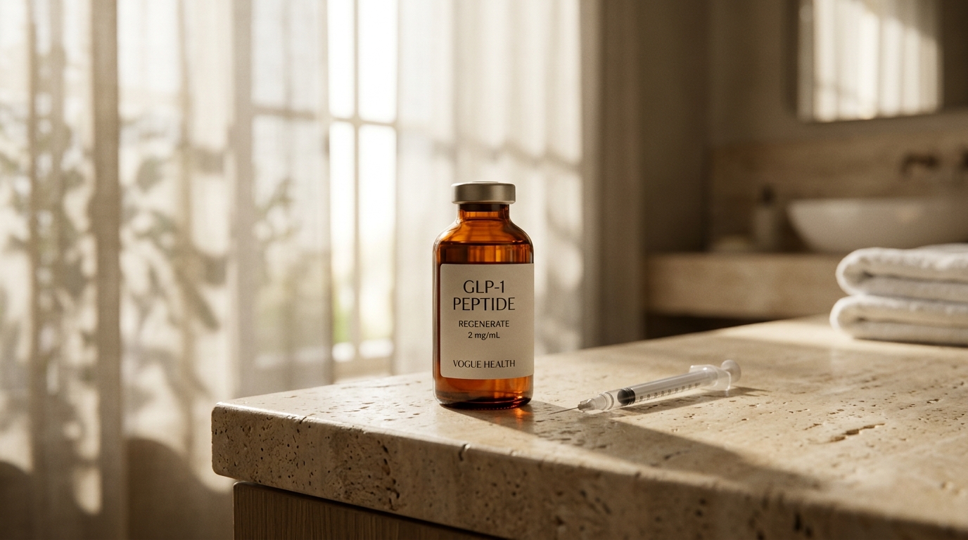 Doctor reviewing compounded semaglutide amber vial in clinical office